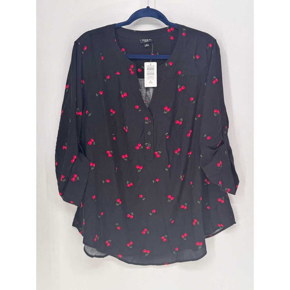Torrid Blouse Womens 2X Black NWT Harper Cherry Print Roll Tab Sleeve Pullover